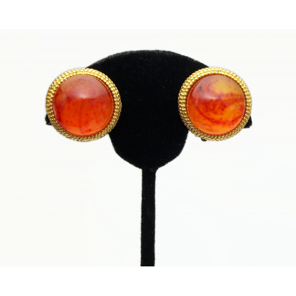 Vintage Orange Swirl Gold Clip on Earrings Fiery Lucite Cabochon Button Earrings