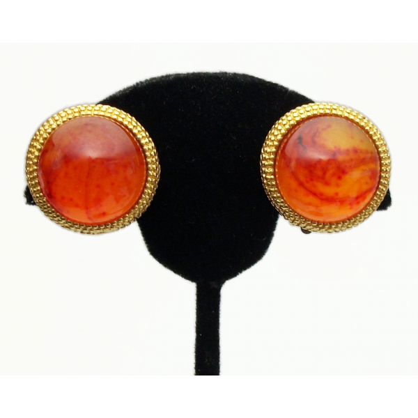 Vintage Orange Swirl Gold Clip on Earrings Fiery Lucite Cabochon Fall Earrings