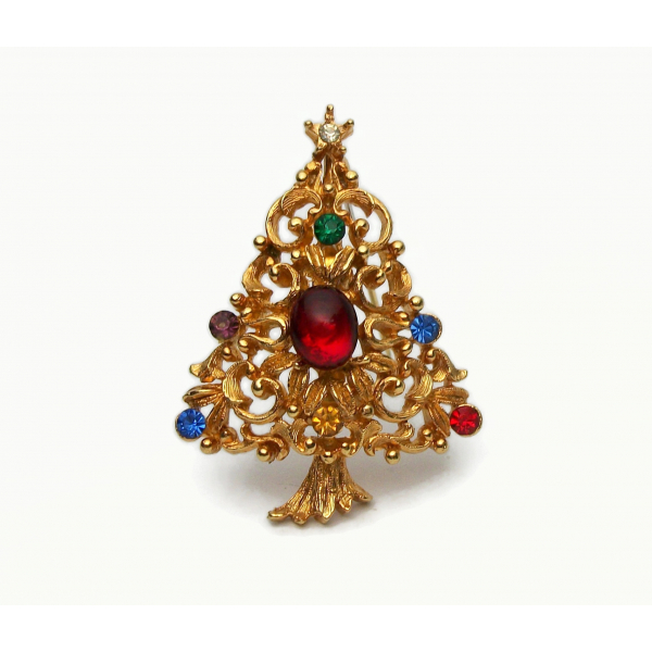 JJ Jonette Rhinestone Christmas Tree Brooch Lapel Pin Gold with Colorful Stones