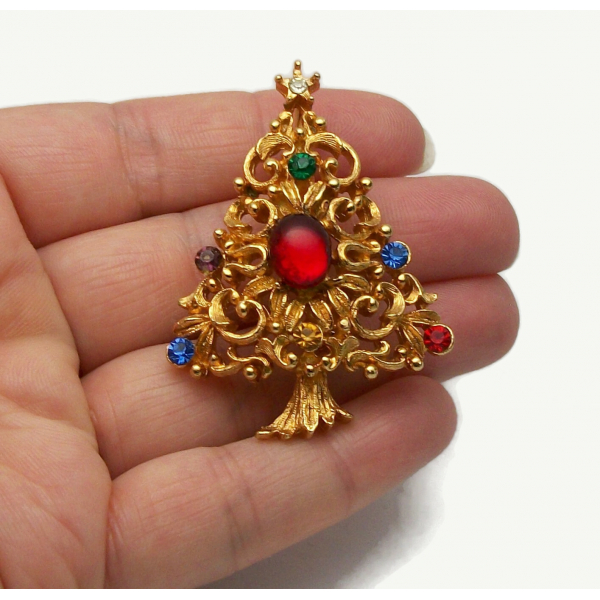 JJ Jonette Christmas Tree Pin Brooch Lapel Pin Gold with Colorful Rhinestones