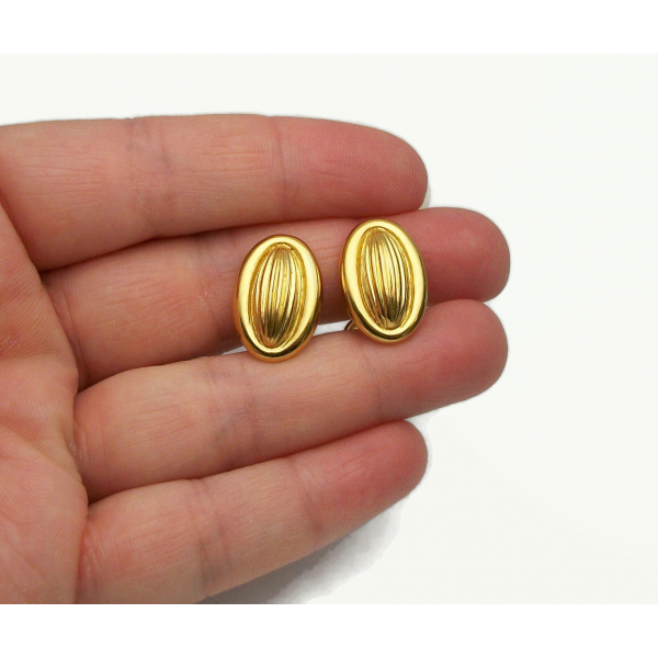 Vintage Crown Trifari Earrings Gold Clip on Earrings Small Oval Ribbed Design