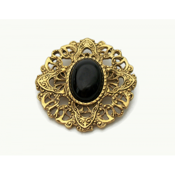 Vintage Ornate Gold Filigree Brooch Lapel Pin with Black Cabochon