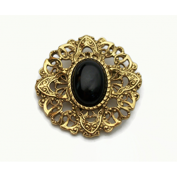 Vintage Ornate Gold Filigree Brooch Lapel Pin with Black Cabochon