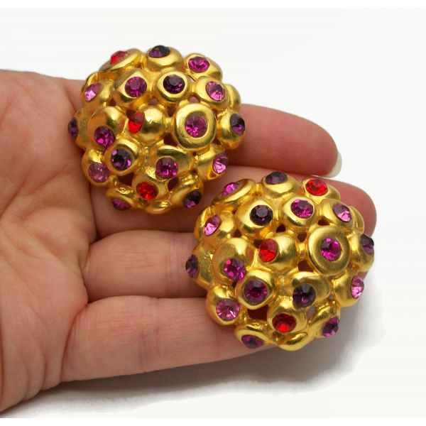 Vintage Signed Ben Amun 24K Gold Plated Huge Statement Clip on Earrings Big Gold