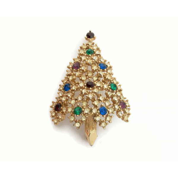 Vintage Signed Eisenberg Gold Filigree Pave Rhinestone Christmas Tree Pin Brooch