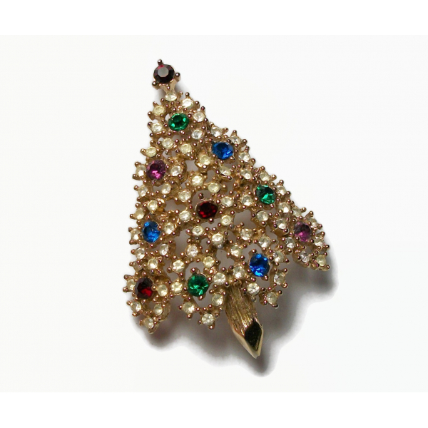 Vintage Eisenberg Gold Filigree Pave Rhinestone Christmas Tree Brooch Lapel Pin