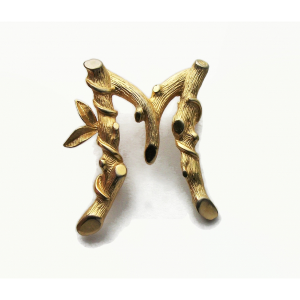 Vintage 1964 Sarah Coventry Gold Bamboo Letter M Initial Brooch  1960s Pin