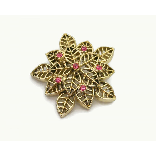 Vintage Gerry's Gold Floral Brooch with Pink Rhinestones Openwork Flower Design