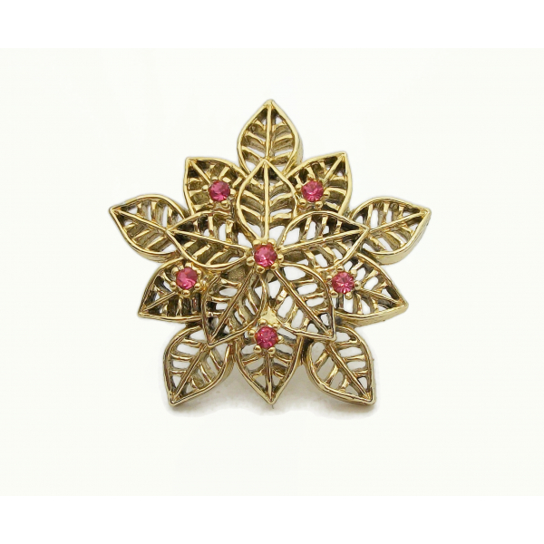 Vintage Gerry's Gold Floral Brooch with Pink Rhinestones Flower Lapel Pin