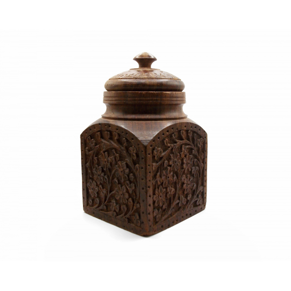 Vintage Hand Carved Wood Spice Jar Made in India Wooden Box with Lid Solid Wood