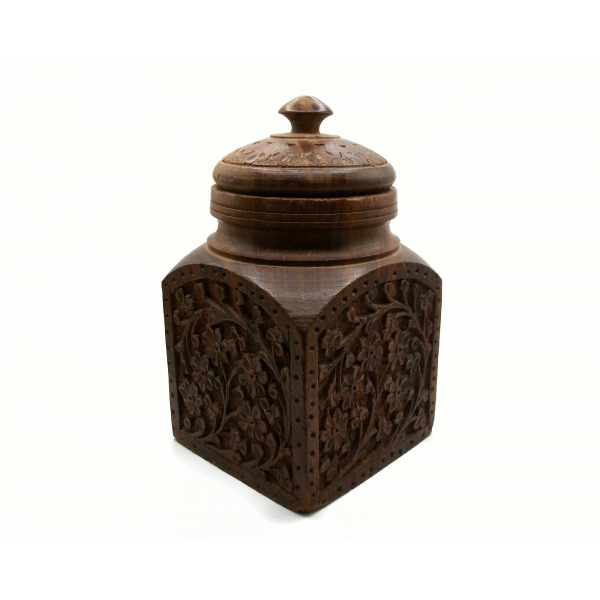 Vintage Hand Carved Wood Box Wooden Spice Jar Canister Made in India