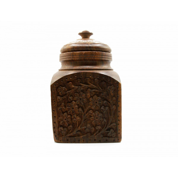 Vintage Hand Carved Wood Box Wooden Spice Jar Canister Made in India