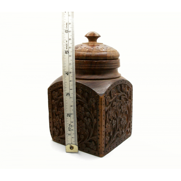 Vintage Hand Carved Wood Spice Jar Made in India Wooden Box with Lid Solid Wood