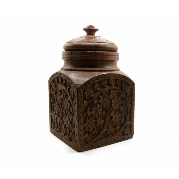 Vintage Hand Carved Wood Box Wooden Spice Jar Canister Made in India