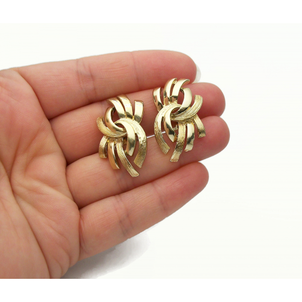 Vintage Coro Gold Clip on Earrings Textured and Shiny Gold Brutalist Design