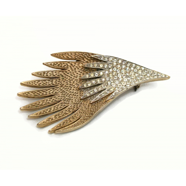 Vintage Rhinestone Wing Brooch Lapel Pin Antiqued Gold Angel Wing Bird Wing