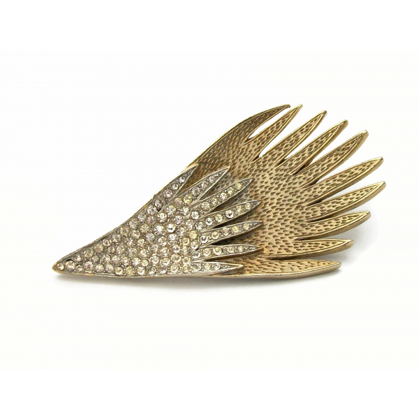 Vintage Pave Rhinestone Wing Feather Brooch Lapel Pin Antiqued Gold Angel Wing