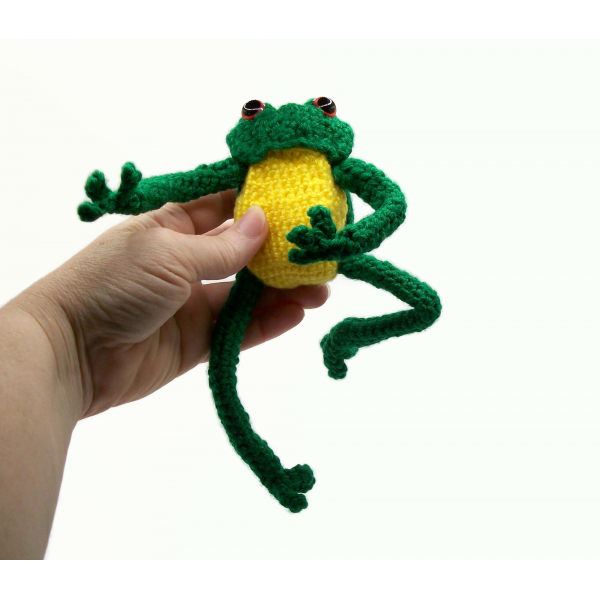 Amigurumi Frog with Posable Limbs Green and Yellow Crochet Frog with Red Eyes