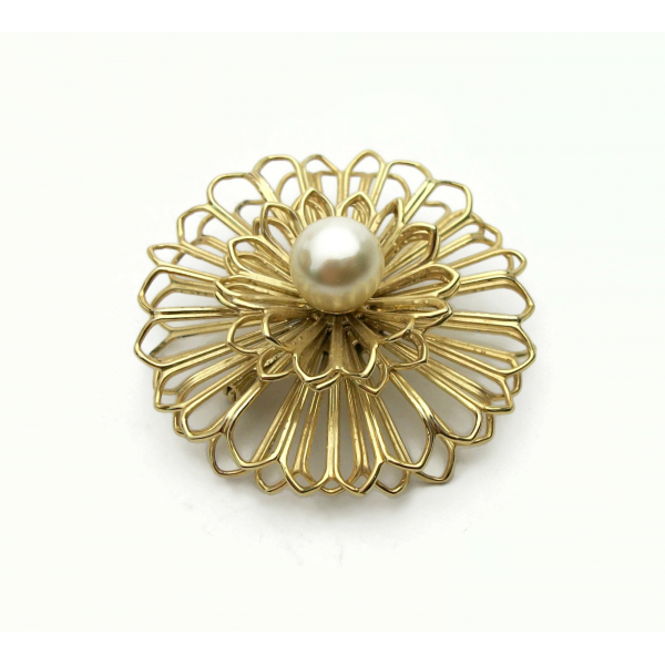 Vintage Gold Circle Pin Brooch with Pearl Accent 3D Round Openwork Design