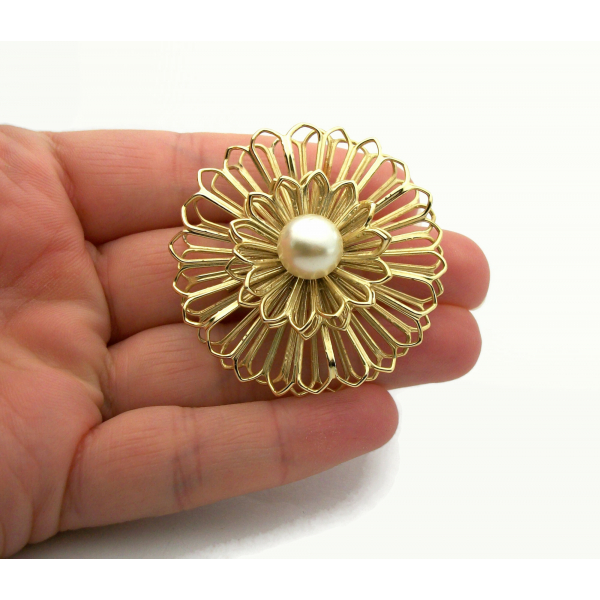 Vintage Gold Circle Pin Brooch with Pearl Accent 3D Round Openwork Design