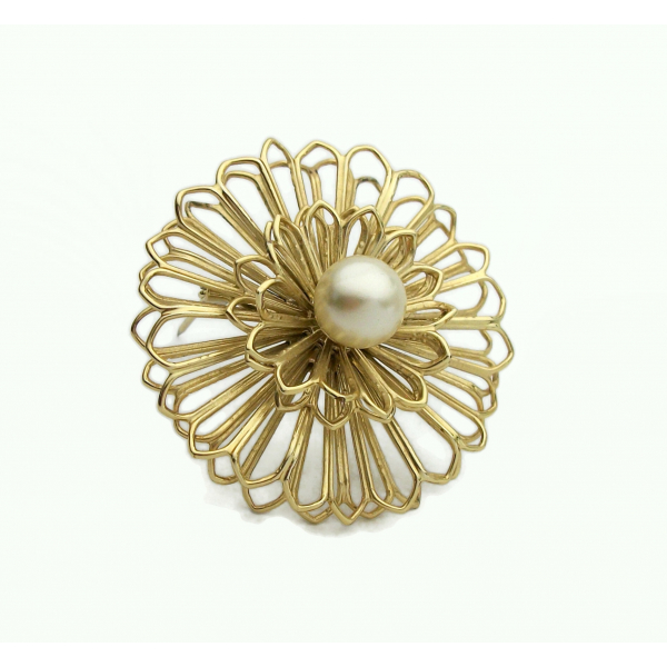 Vintage Gold Circle Pin Brooch with Pearl Accent 3D Round Openwork Design