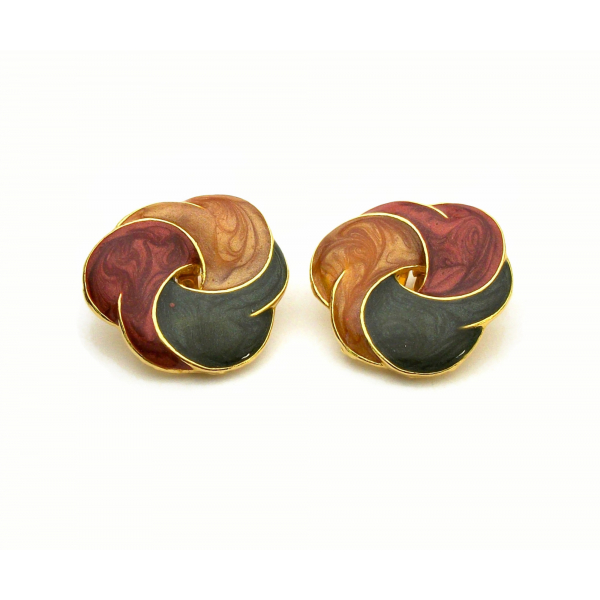 Vintage Enamel Swirl Clip on Earrings Gold with Green Amber and Maroon Red