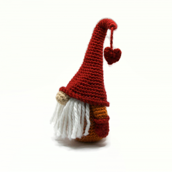 Crochet Gnome 7' tall Amigurumi Gnome with Red Hat Pumpkin Orange Coat and Heart