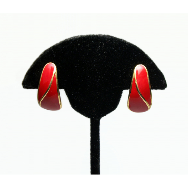 Vintage Trifari Red Enamel Clip on Earrings Red and Gold