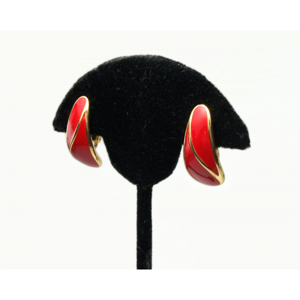 Vintage Trifari Red Enamel Clip on Earrings Red and Gold