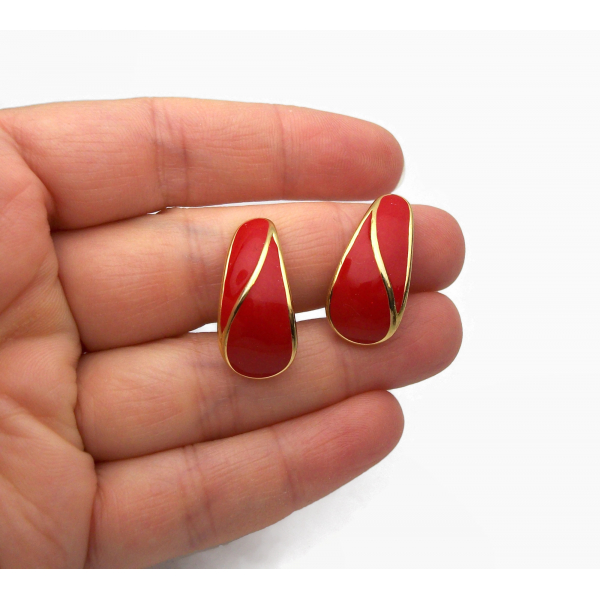 Vintage Trifari Red Enamel Clip on Earrings Red and Gold