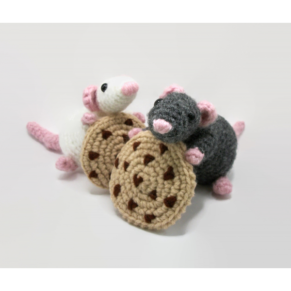 Amigurumi Crochet Dark Gray Black Rat with Chocolate Chip Cookie Dark Grey Mouse