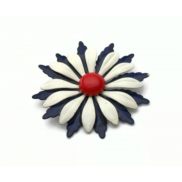 Vintage 1960s Enamel Flower Brooch Red White and Blue Large Big 3" Enameled Pin