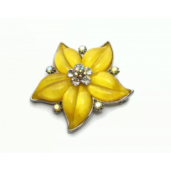 Vintage Yellow Lucite Starfish Brooch Puffy Star Shaped Pin Rhinestone Accents