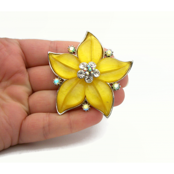 Vintage Yellow Lucite Starfish Brooch Puffy Star Shaped Pin with Crystal Accents