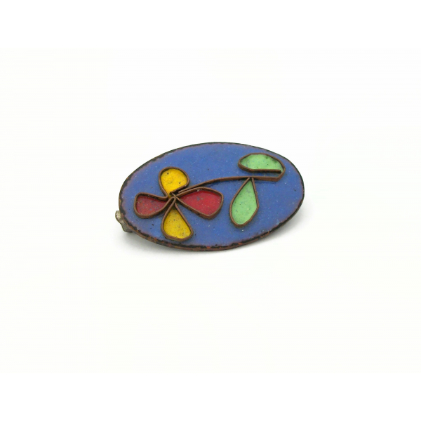 Vintage Floral Copper Brooch with Blue Red Yellow Green Enamel Flower Design