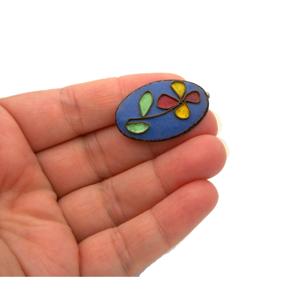 Vintage Copper Flower Brooch Pin with Blue Red Yellow Green Enamel Floral Design