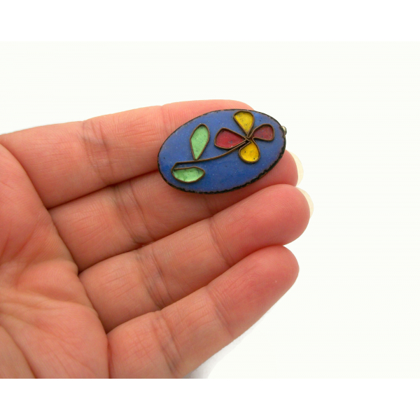 Vintage Floral Copper Brooch with Primary Colors Flower Design Small Oval Patina