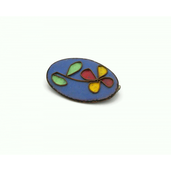 Vintage Floral Copper Brooch with Enamel Flower and Patina Small Oval Pin