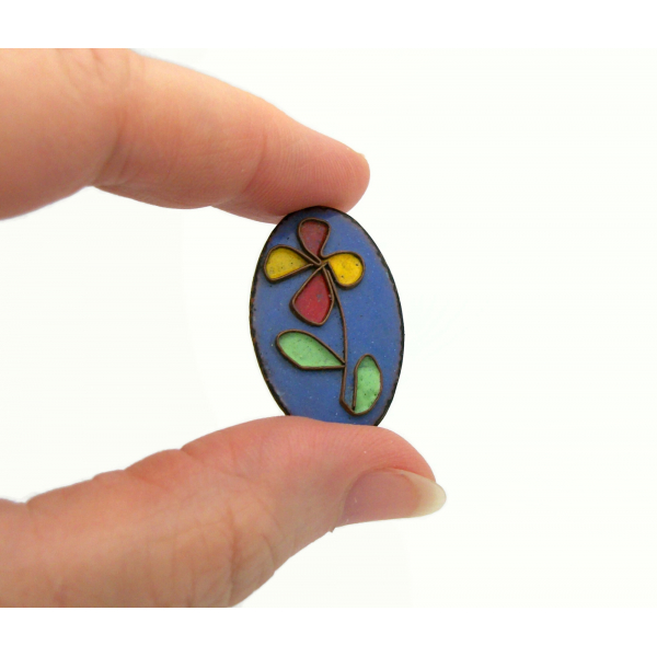 Vintage Floral Copper Pin with Blue Red Yellow Green Enamel Flower Design Small