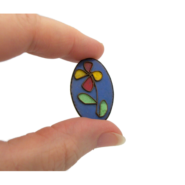 Vintage Copper Flower Brooch Pin with Blue Red Yellow Green Enamel Floral Design