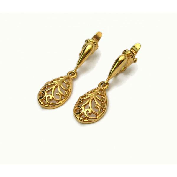 Vintage Gold Filigree Teardrop Dangle Clip on Earrings Filigree Drop Earrings