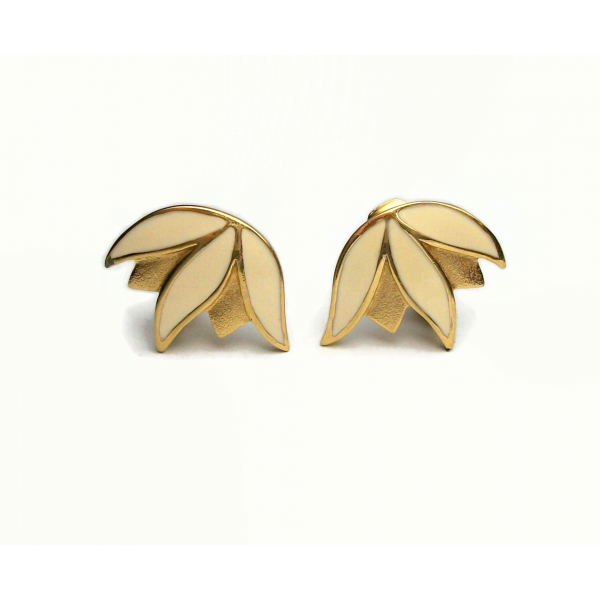 Vintage Monet White Enamel Clip on Earrings Rare Floral Leaves Flower Design