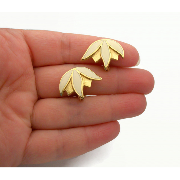 Vintage Monet White Enamel and Gold Clip on Earrings Rare Floral Leaves Design