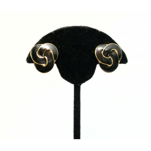Vintage Black Enamel Love Knot Celtic Knot Clip on Earrings Black and Gold