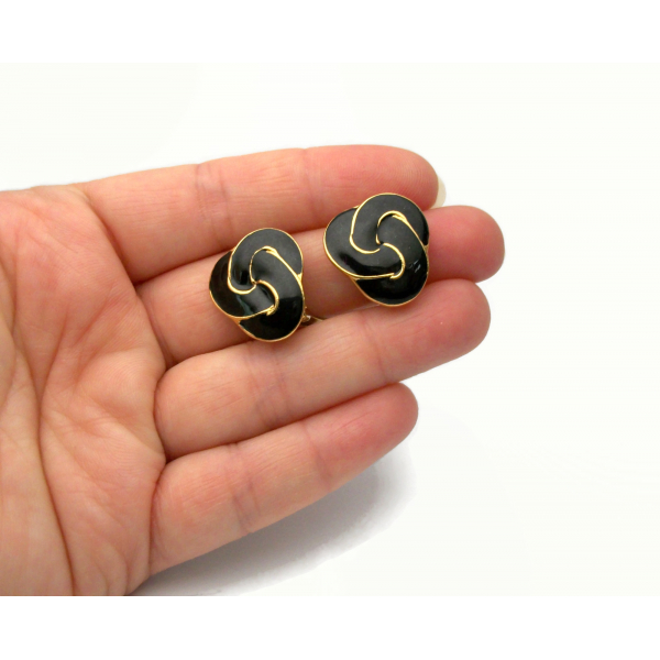 Vintage Black Enamel Love Knot Celtic Knot Clip on Earrings Black and Gold