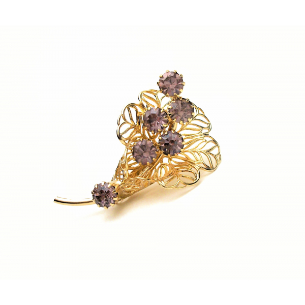 Vintage Calla Lily Brooch Gold Filigree with Prong Set Amethyst Purple Crystals