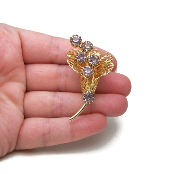 Vintage Calla Lily Brooch Gold Filigree with Prong Set Amethyst Purple Crystals Rhinestone Flower Lapel Pin Floral Brooch