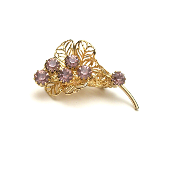 Vintage Calla Lily Brooch Gold Filigree with Prong Set Amethyst Purple Crystals Rhinestone Flower Lapel Pin Floral Brooch Calla Lily Flower Lapel Pin Brooch Gold Filigree with Purple Crystals Floral