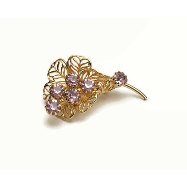 Vintage Calla Lily Brooch Gold Filigree Prong Set Purple Crystals Rhinestones