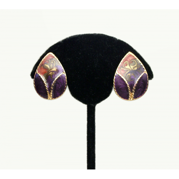 Vintage Purple and Orange Enamel Swirl Clip on Earrings Teardrop Shaped